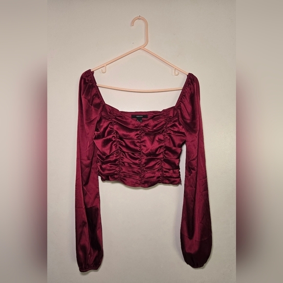 Forever 21 Tops - Forever 21 Burgundy Womens Long Sleeve Crop Satin Ruched Top Size Medium